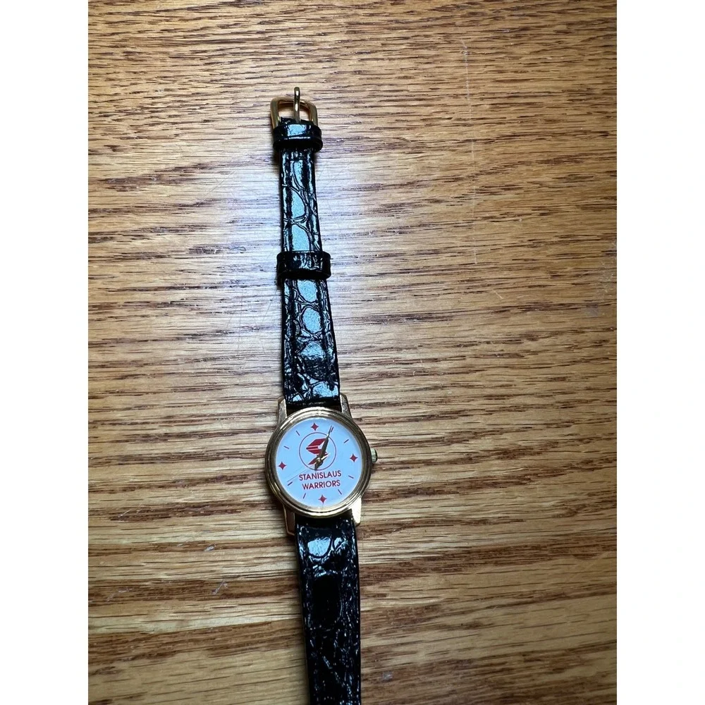 Vintage Stanislaus Warriors Image Watch Gold Tone Black Leather Strap USA Made
